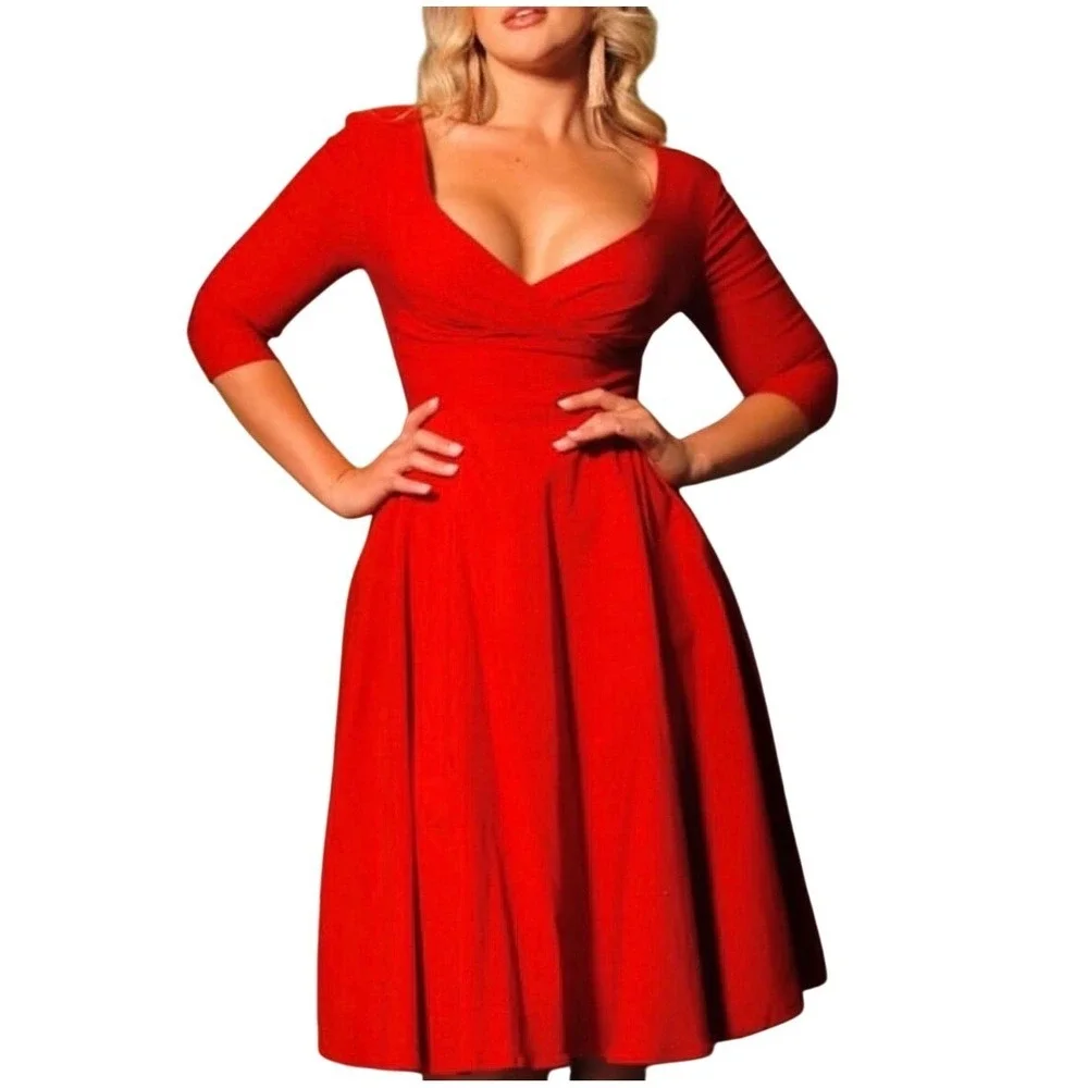 Pinup Couture Monica Dress Womens 2X Red Vintage Inspired‎ Swing Pockets NEW
